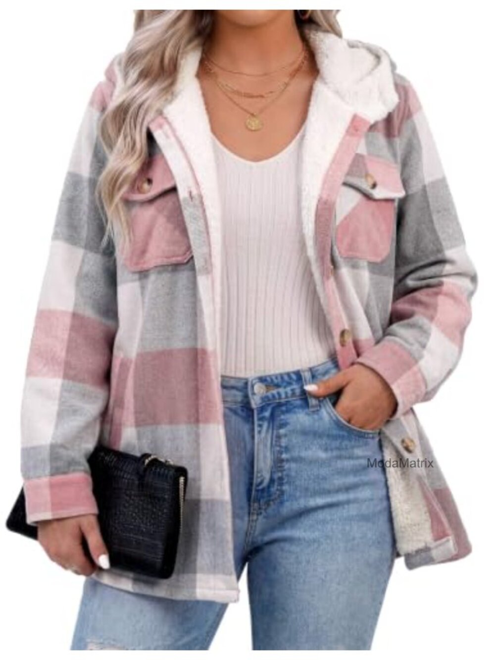 Plus Size Plaid Shacket Fleece Hooded Warm Coat Button Down